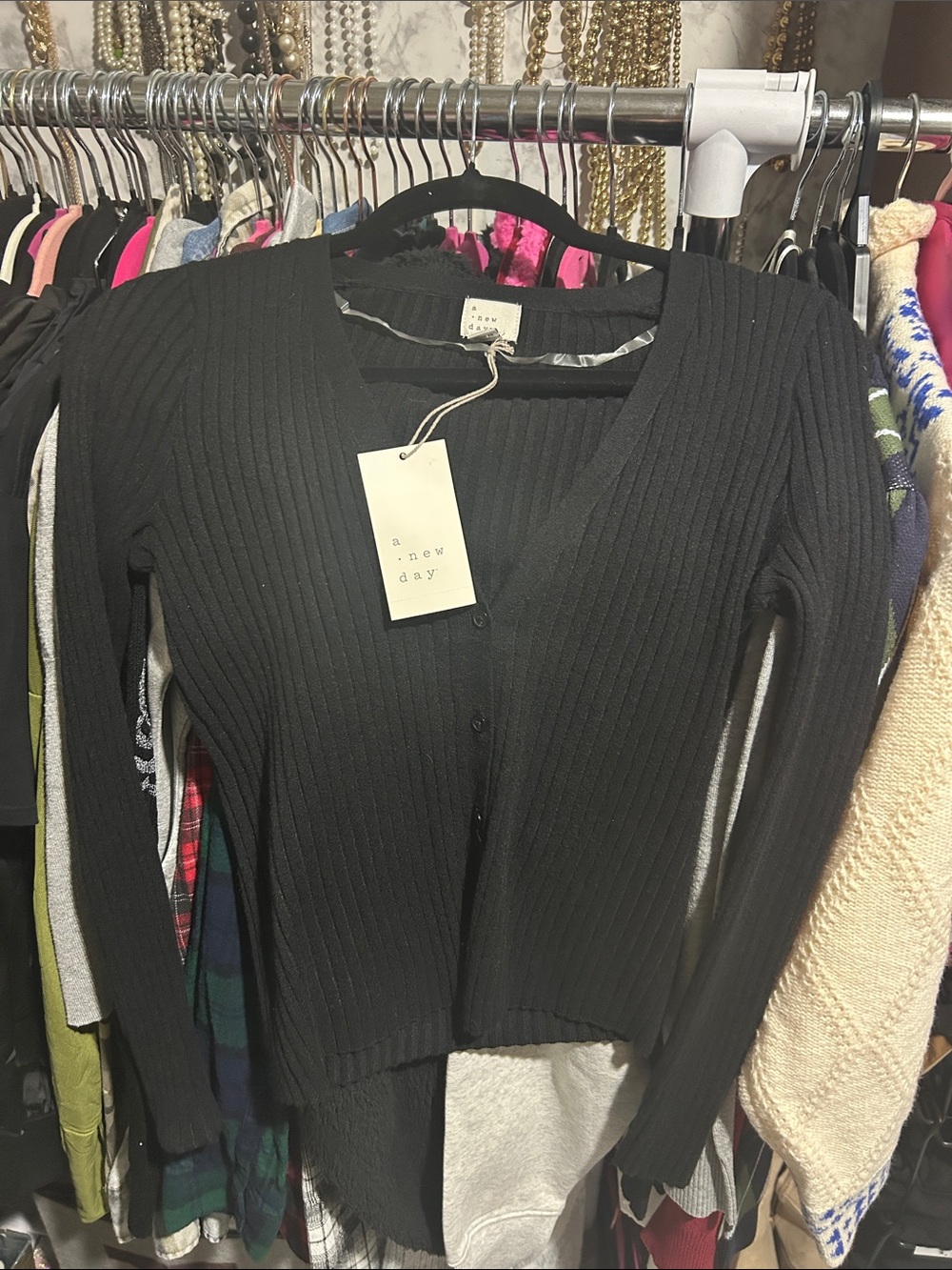 a new day Black Ribbed V‑Neck Button Cardigan